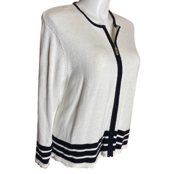 Liz Claiborne Russ White Zippered Cardigan with White Stripes Size XL 16/18 - Picture 2 of 5